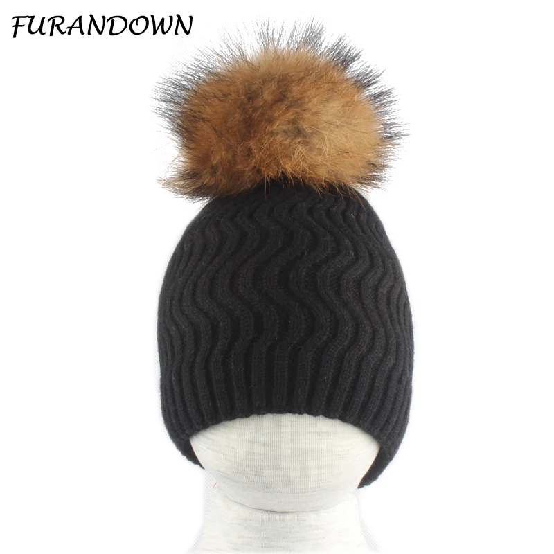 

Real Fur Pompom Children Beanie Hats For Girls Kids Winter Warm Knitted Baby Cap Wool Skullies Beanies