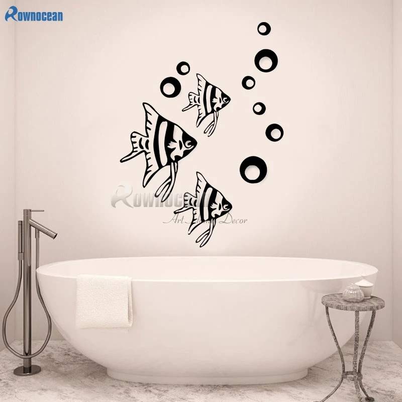 Bathroom Decoration Ocean Sea Cartoon Fish Wall Art Decal Vinyl Wall Mural Color Tropical Fish With Bubble Custom Y-12