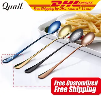 

Quail 100pcs Free Customized Stainless Steel Coffee Spoons with Text Mixing Spoons Colorful Cold Drink Fruit Long Ice Spoon