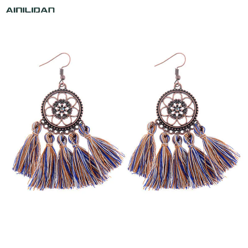 

AINILIDAN Women's Fashion Handmade Cotton Thread Tassels Earrings Dangler Vintage Bronze Hollow Out Flower Earring Eardrops