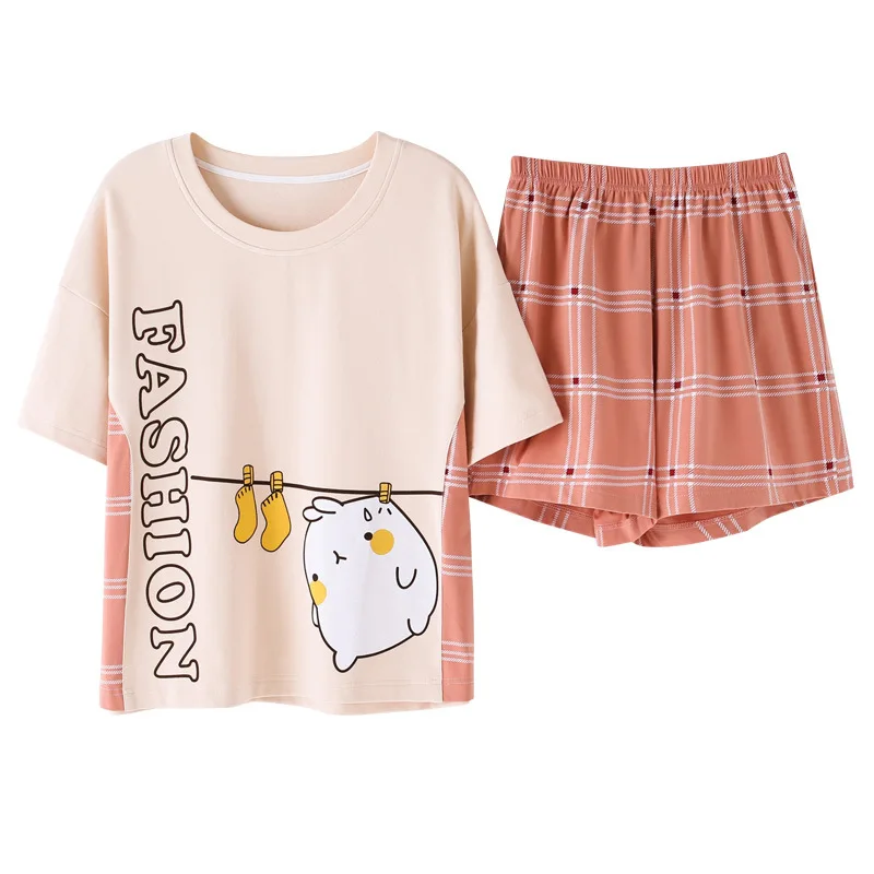 

2019 Summer women pijamas set Fashion plaid stitching short-sleeved shorts 2pcs lounge wear pijama verano mujer algodon pejamas