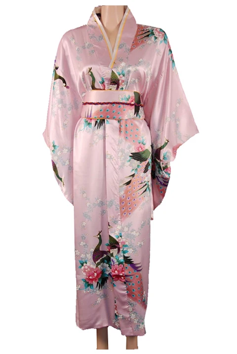 Новое поступление черное винтажное японское женское кимоно Haori Yukata шелковое атласное платье Mujeres Quimono Peafowl один размер H0030 - Цвет: Розовый