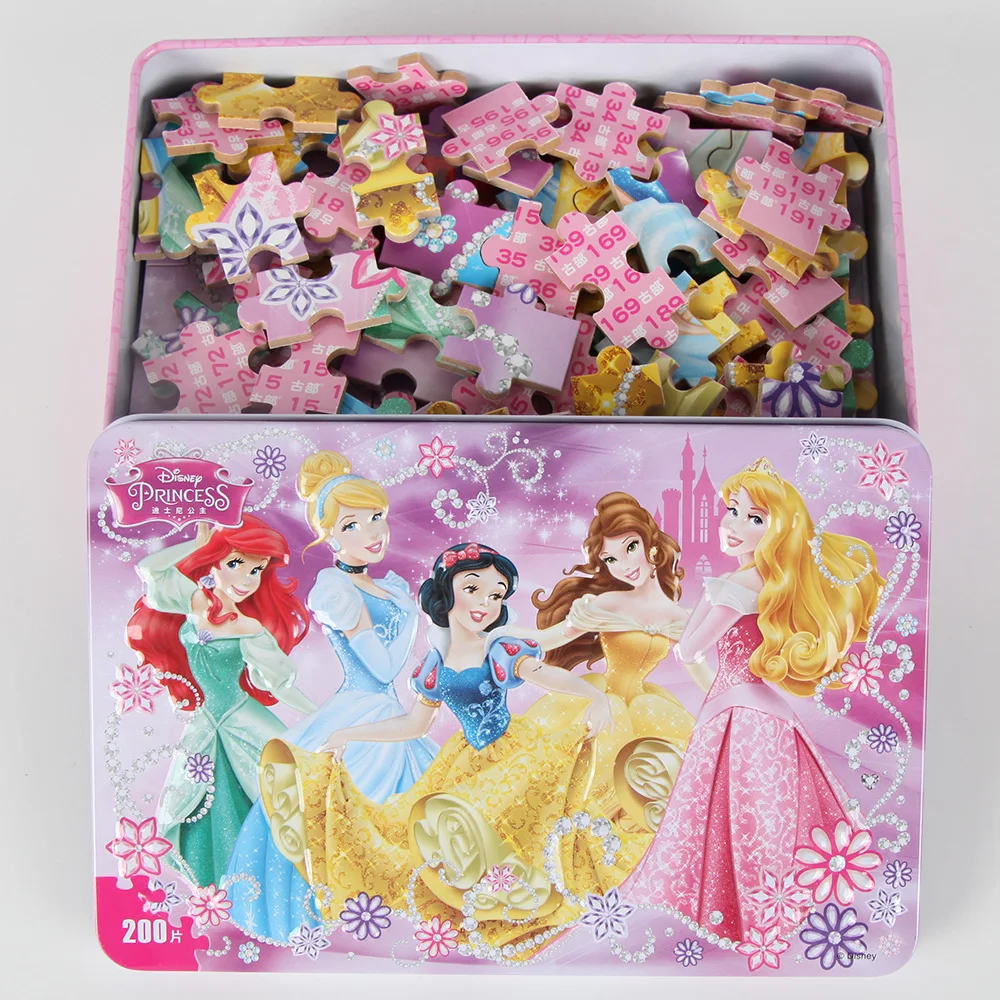 200 шт Дисней Принцесса головоломка с железной коробкой мультфильм деревянные головоломки игрушки для детей девочек с днем рождения подарки