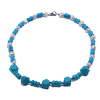 

JYX Blue Tiger Shape Turquoise With Natural White Freshwater Pearl Necklace