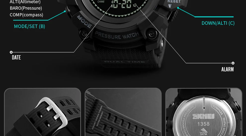 SKMEI обратного отсчета Давление компас часы Для мужчин спортивные часы будильник Chrono Цифровые наручные часы Водонепроницаемый Relogio Masculino1358