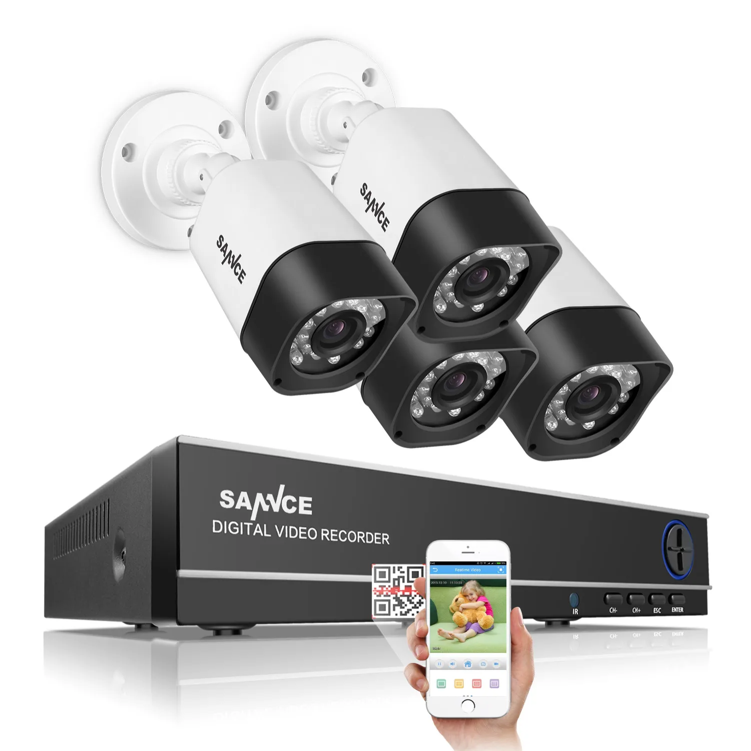 SANNCE 4CH 720P DVR система наблюдения и(4) HD 1,0 MP наружные фиксированные камеры безопасности с P2P и qr-кодом сканирование простое дистанционное управление