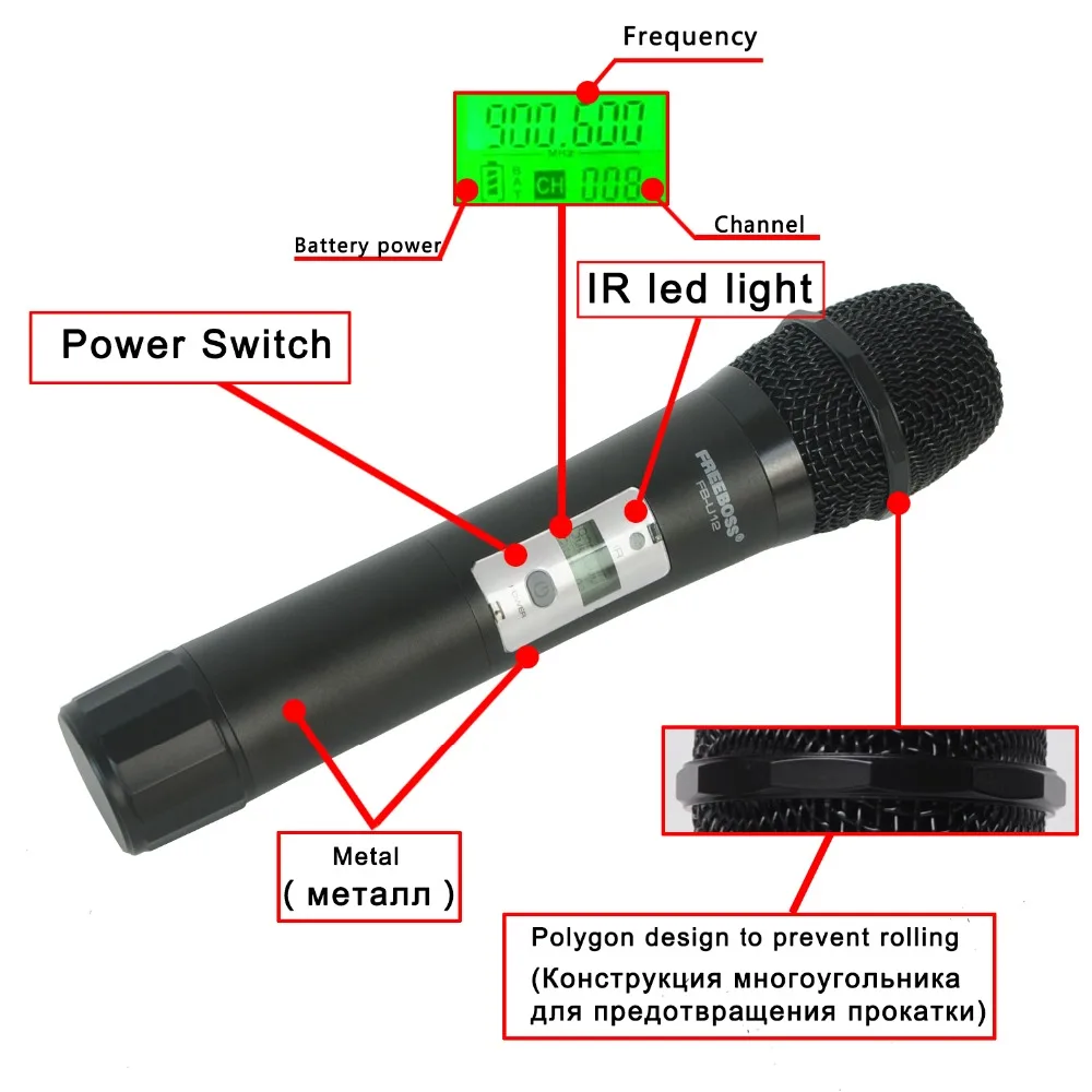 Freeboss FB U12 UHF беспроводной микрофон Система 2 способ 100 каналов ИК Частота Karoke KTV