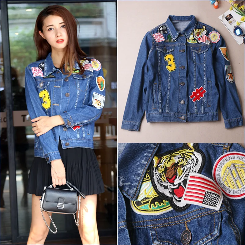 2016 NEW font b Women b font Autumn Vintage Tiger Patch jean font b jacket b