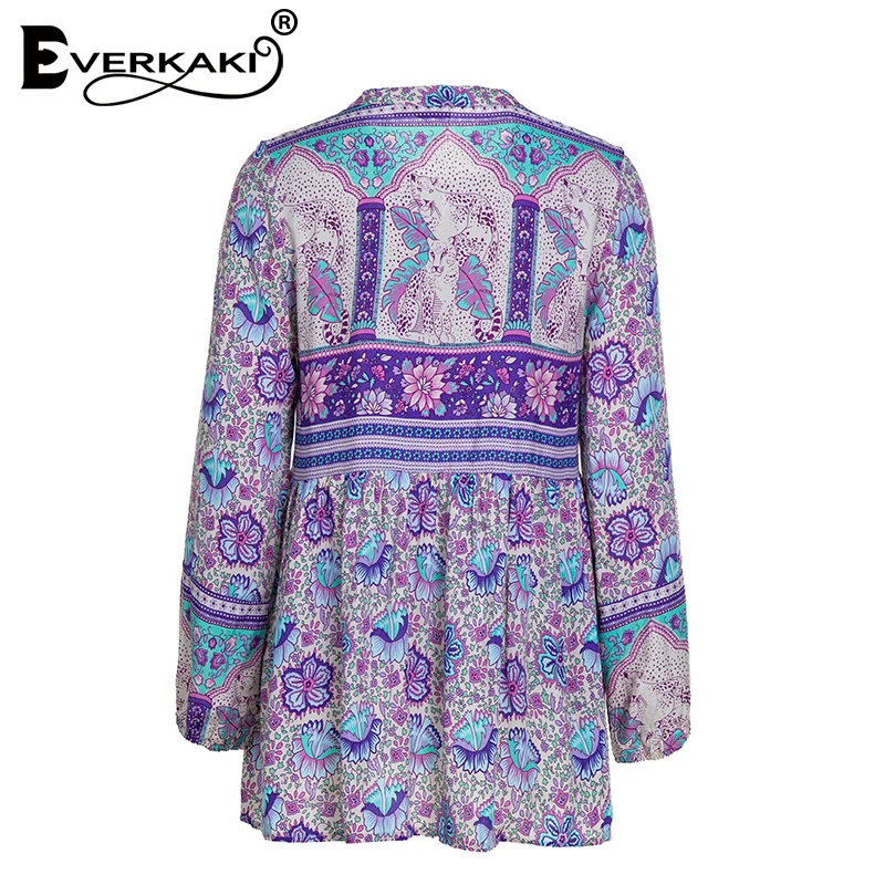 Everkaki Boho Gypsy блузка с принтом, женские топы, хлопок, пуговицы, рукав-фонарик, шея, завязанная, сиреневая, богемная блузка, женская,, весна, Новинка