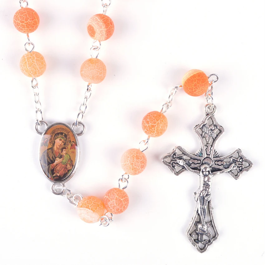 Trendy Religious Frosted Orange Stone Beads Our Lady of Perpetual Help Catholic Rosary Necklace