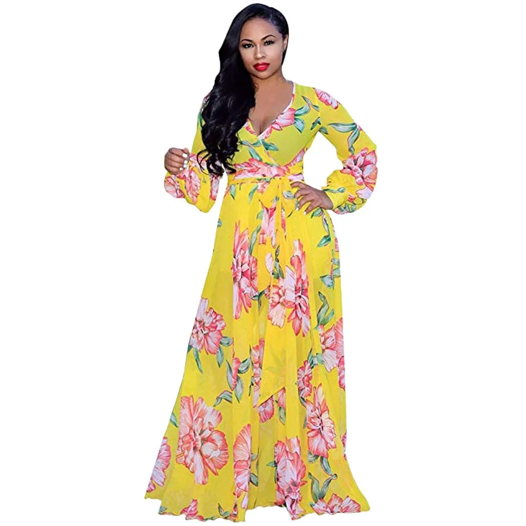 

Womens Yellow Stylish Plus Size Chiffon Bohemian Dress V-Neck Ankle-Length Floral Maxi Printed Dress with Waisted Belt #0516