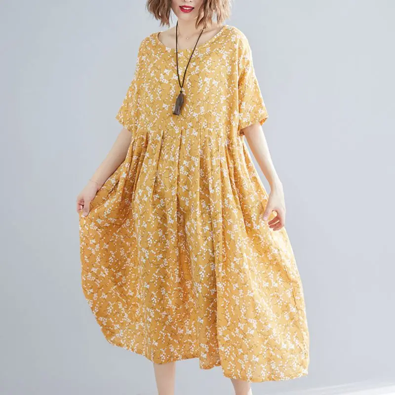 

Mferlier Women Summer Dress O Neck Short Sleeve Floral Print High Waist Pleat Loose Casual Large Size 10XL Ladies Dresses