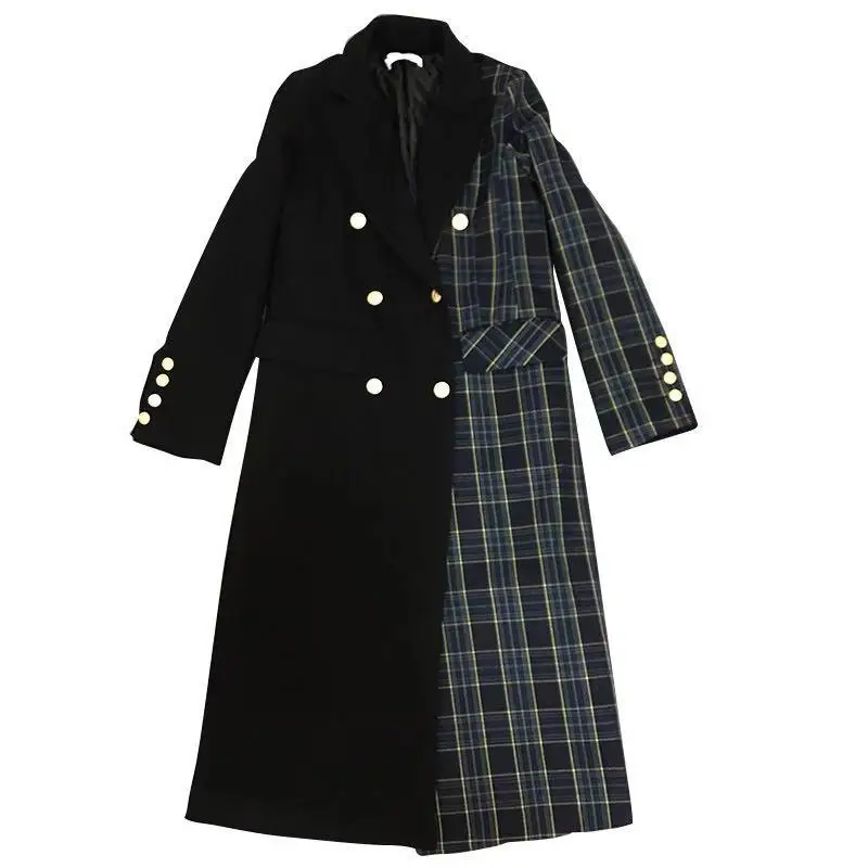 

woman Plaid patchwork double-breasted winter wool coat turn down collar woolen coat long section winter warm elegant coats