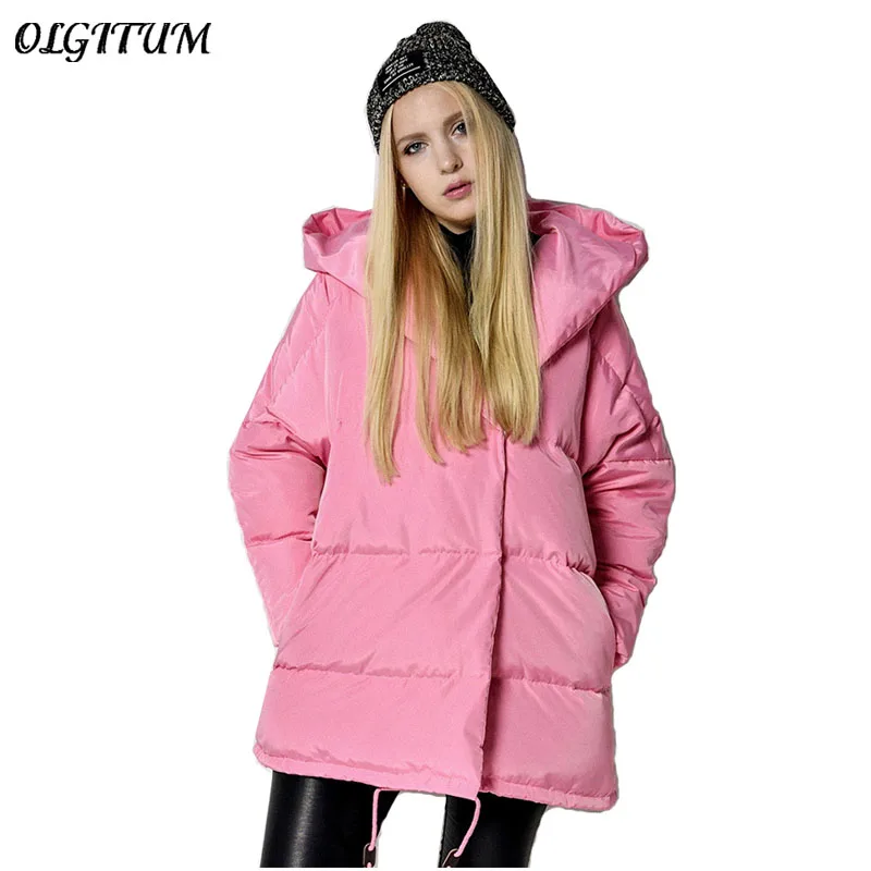 

OLGITUM Winter Women Loose Fashion Down Parkas Hooded Jacket Outwear Oversize Pregnant Medium Casual Duck Down Overcoat bts