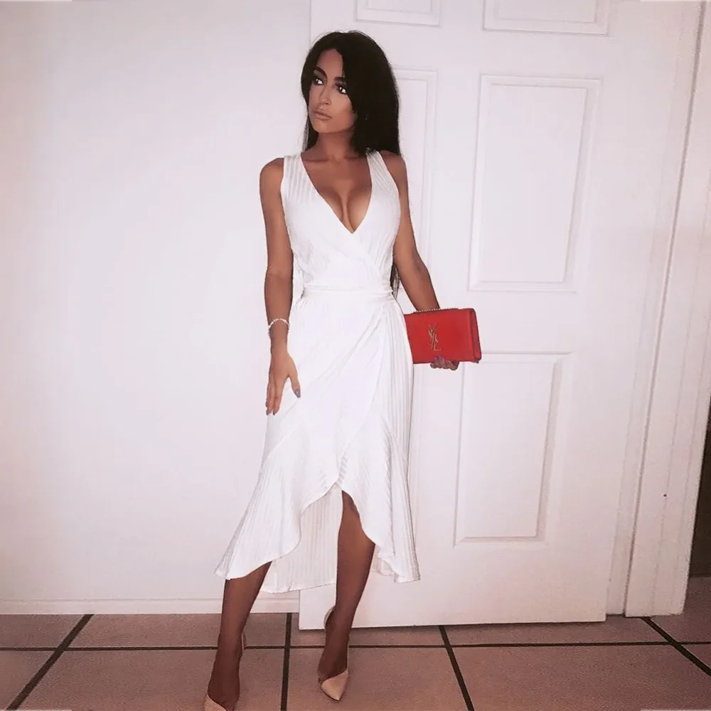 Bandage Sans Robe De V Blanc Sw034 Cours Haute Ocstrade Cou Manches Dépouillé Genou white Qualité Festonnée f17BnaWwnO
