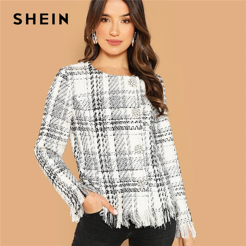 Kopen SHEIN Zwart wit Weekend Casual Button Up Gerafeld Rand Tweed Jas Vrouwen 2018 Herfst Enkele Breasted Ronde Hals Bovenkleding