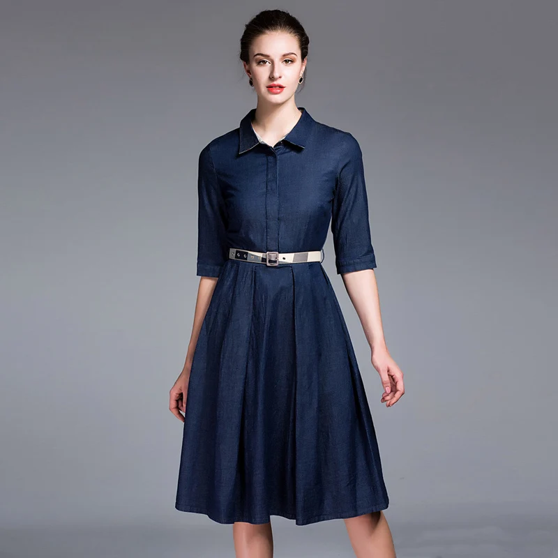 Женская Весна Dress Половина Рукава отложным Воротником Темно Синий Ковбой FYXY