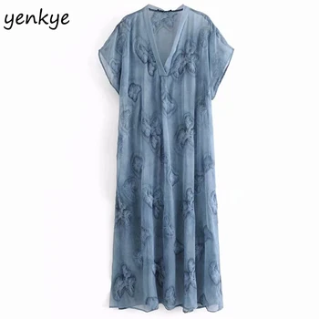 

Fashion 2019 Women Sexy Semi-Sheer Embroidery Maxi Long Dress Short Sleeve V Neck Plus Size Tunic Lady Side Vents Chiffon Summer