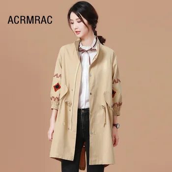 

ACRMRAC Women jacket Slim embroidery spring Standing collar Autumn Coats Long jacket Woman D2058