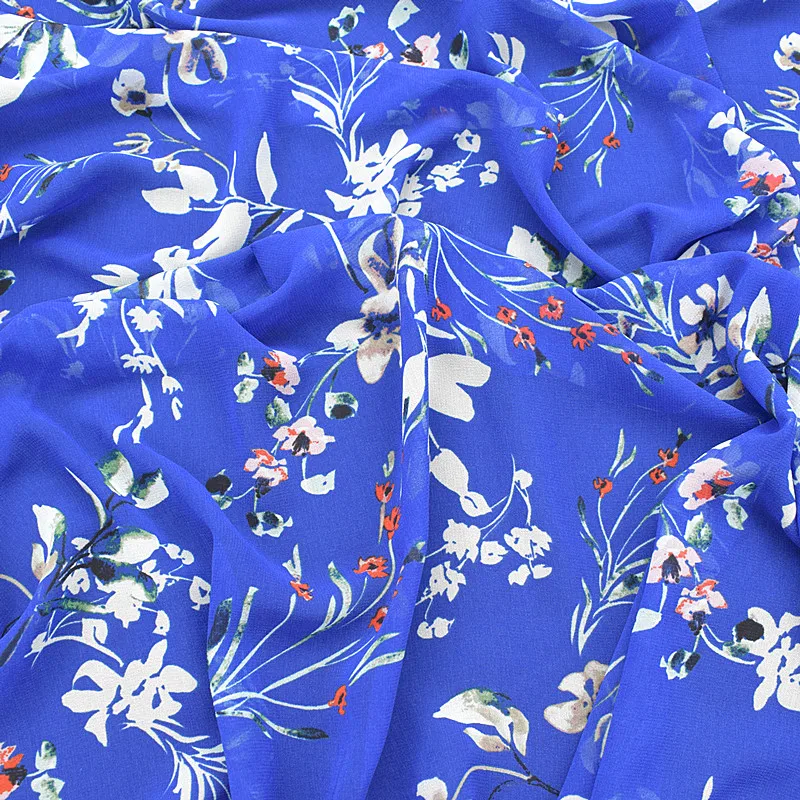 

2019 new high-viscosity chiffon fabrics spring and summer prints fabrics bright blue background small white flower high-grade