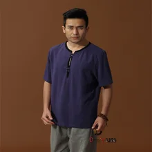 Высококачественный синий Традиционный китайский мужской хлопок лен кунг-фу короткий рукав рубашка M L XL XXL XXXL