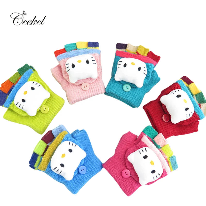 Lovely Cute Kitty Mitten Rabbit Fur Fingerless Gloves for Little