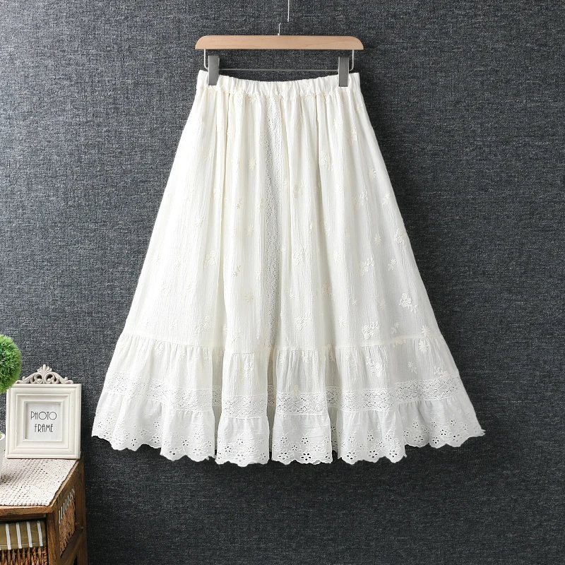 

Summer Casual Female Skirt Sweet Mori Girl Elastic Waist Lace Crochet Embroidery Skirt Cotton and Linen Loose Skirt for Women