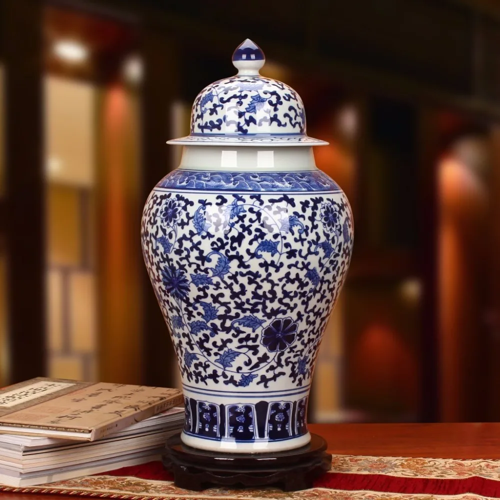 Jingdezhen chinese Porcelain Vase Antique Blue and White Temple jar
