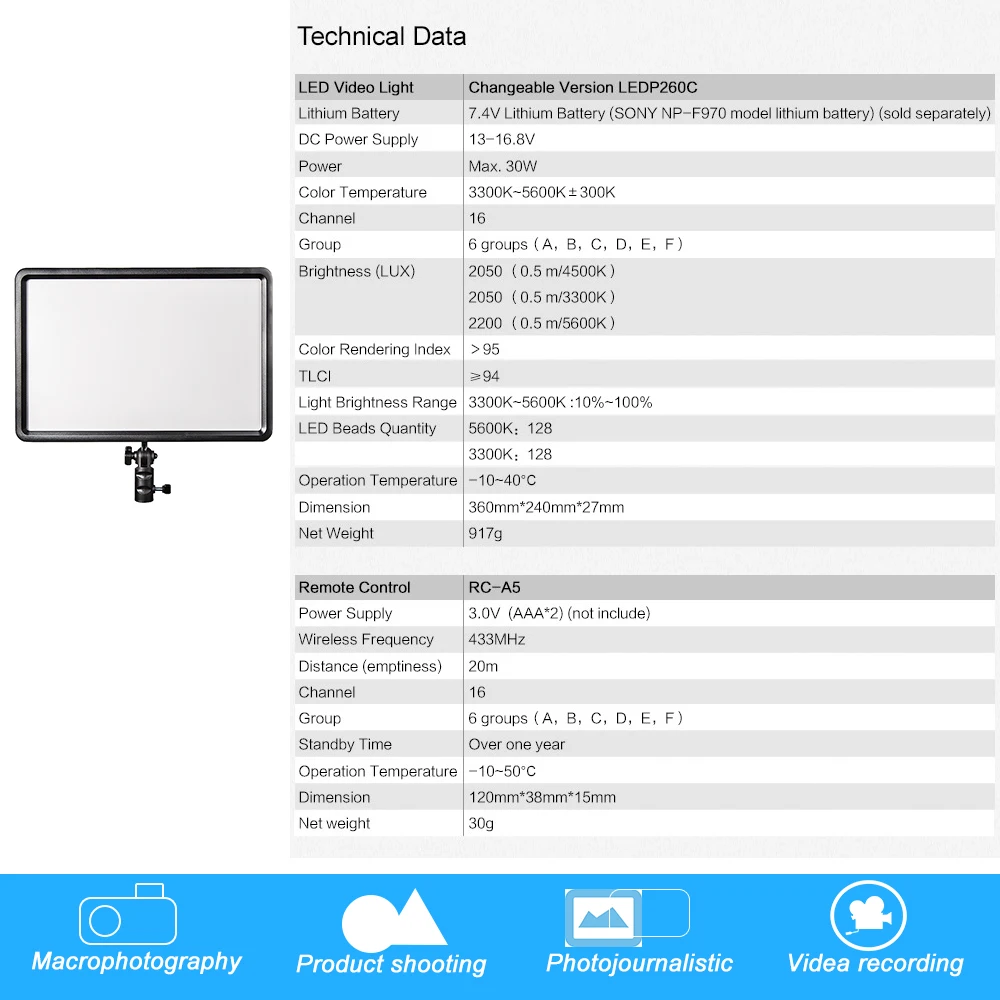 Godox LEDP-260C Portable Dimmable 260 LED Video Light with Adjustable Color Temperature 3300K-5600K for DSLR Camera Camcorder (18)