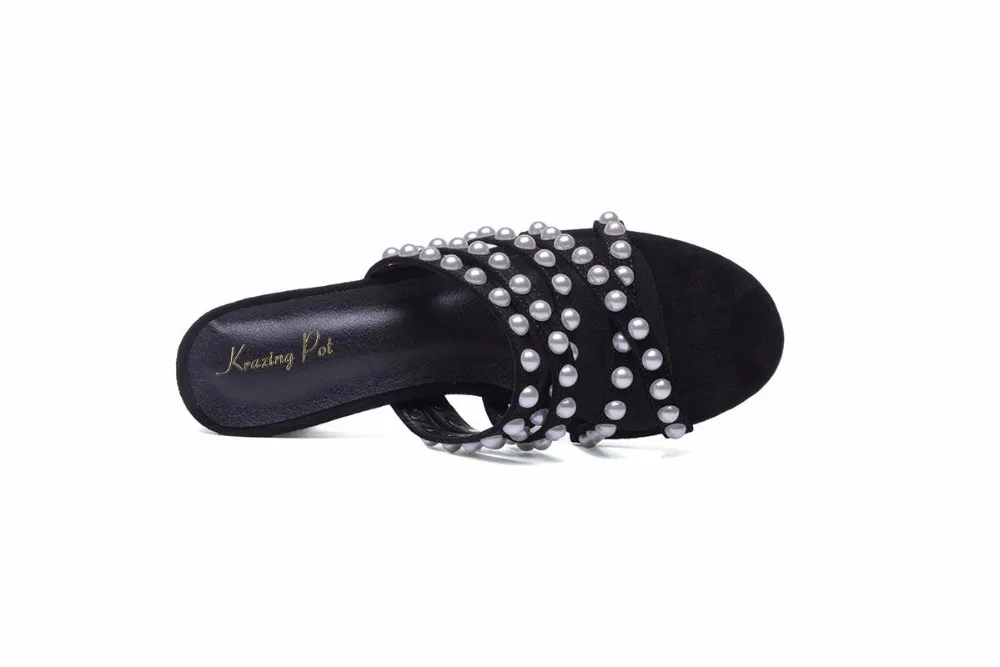 La Verano Gruesas Ovejas Exterior Peep En Tacón El Deslizador Mulas Pot Superestrella Toe L06 Alto Tachonado Sandalias Suede Arte De Negro Perla Krazing 7ngqH6x
