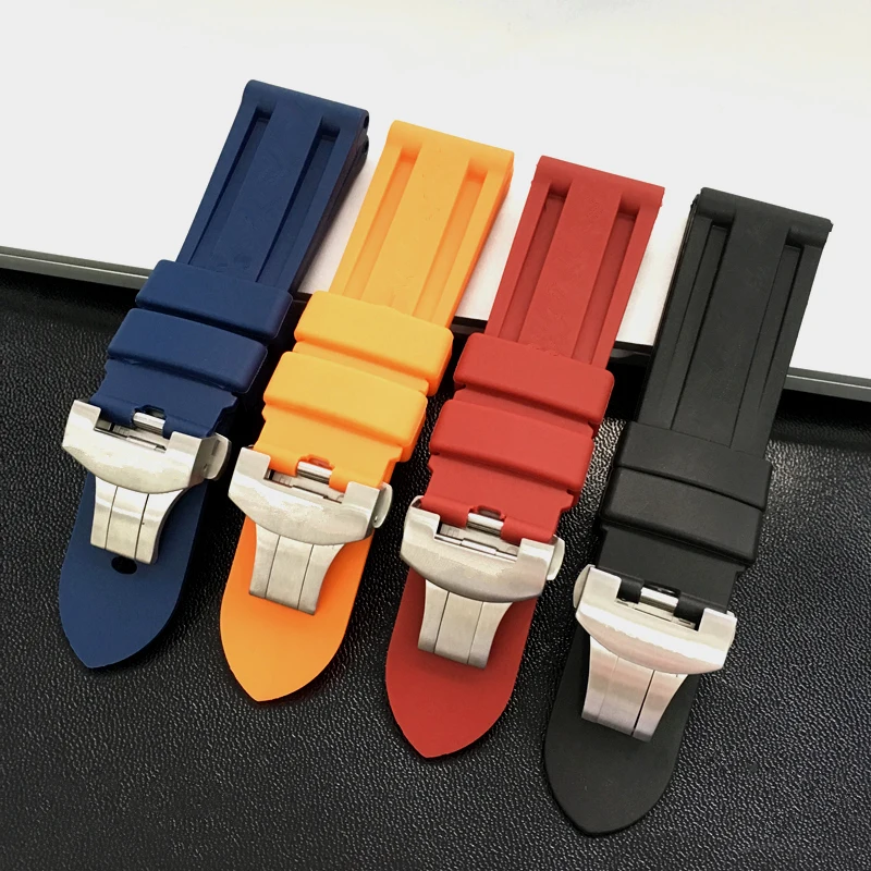 

MERJUST 22mm 24mm Black Orange Blue Red Silicone Rubber Whatchband For PAM 44mm Case Watch Strap with Butterfly Buckle engraving