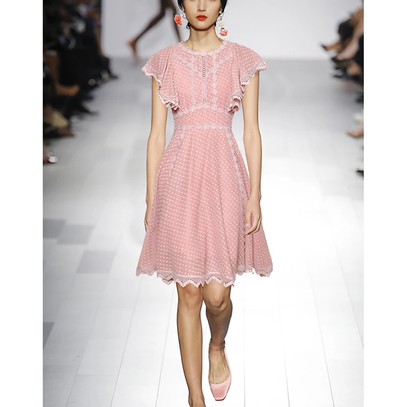 

HIGH QUALITY Newest 2019 Summer Runway Dress Women's Short Sleeve Flowers Appliques Dress