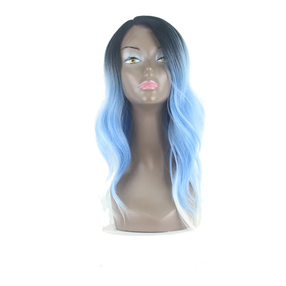 SOKU Synthetic Lace Front Wigs For Black Women Ombre Blue Body Wave Lace Wigs Kanekalon Heat Resistant Side Part Wigs Long Hair