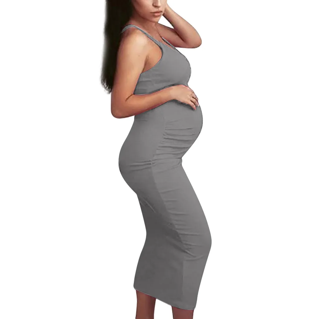 Женское платье для беременных на лето, без рукавов для мамы, Однотонный сарафан на лямках для беременных, твердый облегающий длинный сарафан для беременных - Цвет: Серый
