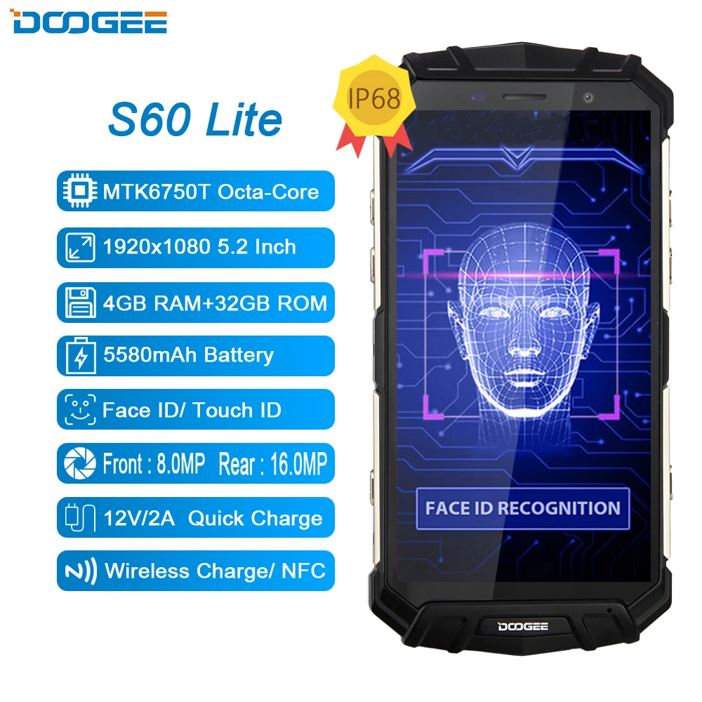 2018 NEW DOOGEE S60 Lite IP68 Wireless Charge Smartphone 5580mAh 12V2A Quick Charge 16.0MP 5.2'' FHD MTK6750T Octa Core 4GB 32GB