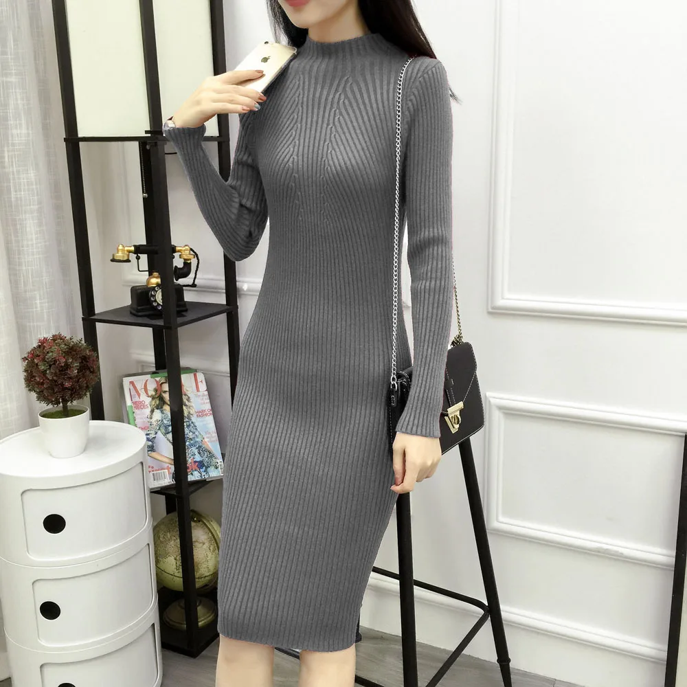 Женское трикотажное платье свитер средней длины с высоким воротником|knitted dress|midi