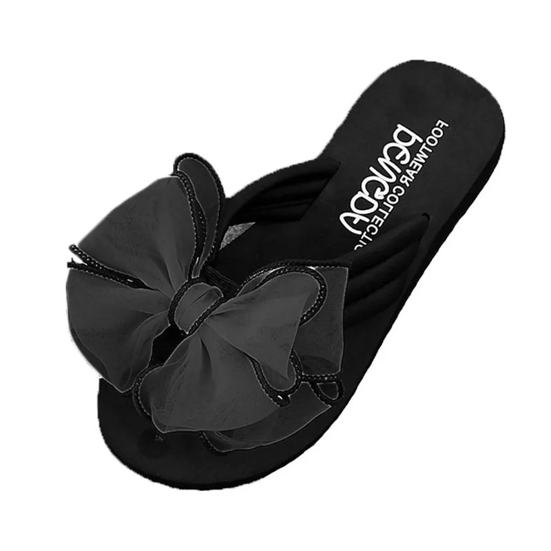 Летние шлепанцы; женская пляжная обувь на танкетке с бантом; повседневные шлепанцы на плоской платформе; женские нескользящие Вьетнамки с бантиком;#40 - Цвет: Черный