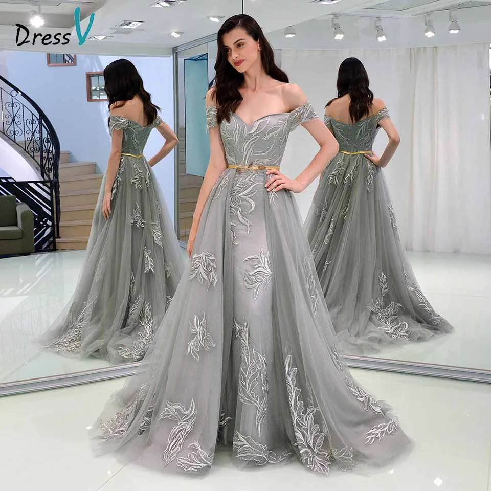 Dressv/серое вечернее платье с открытыми плечами Платье футляр аппликацией и поясом