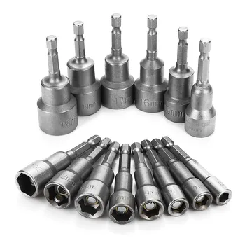 

14pcs 1/4'' Socket Magnetic Nut 6-19MM ilver Grey Adapter Drill Bit Driver Set For Power Drills Steel SHex Shank Magnet Holds