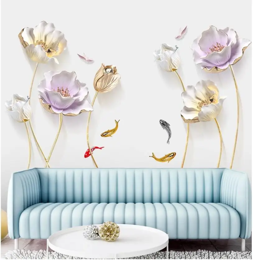 Изящный китайский стиль цветок рыба 3D обои наклейки на стену для гостиной спальни ванной DIY домашний декор плакат