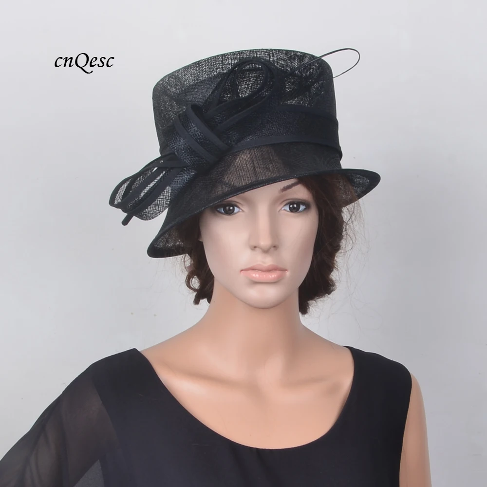 NEW small brim BLACK church hat Elegant Sinamay hat wedding fascinator