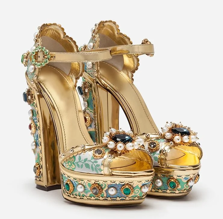 Luxury Crystal Pearl Embellished Platform Sandals Buckle Wedding Gold Floral Rhinestone Shoes Luxury Chunky High Heels Sandals