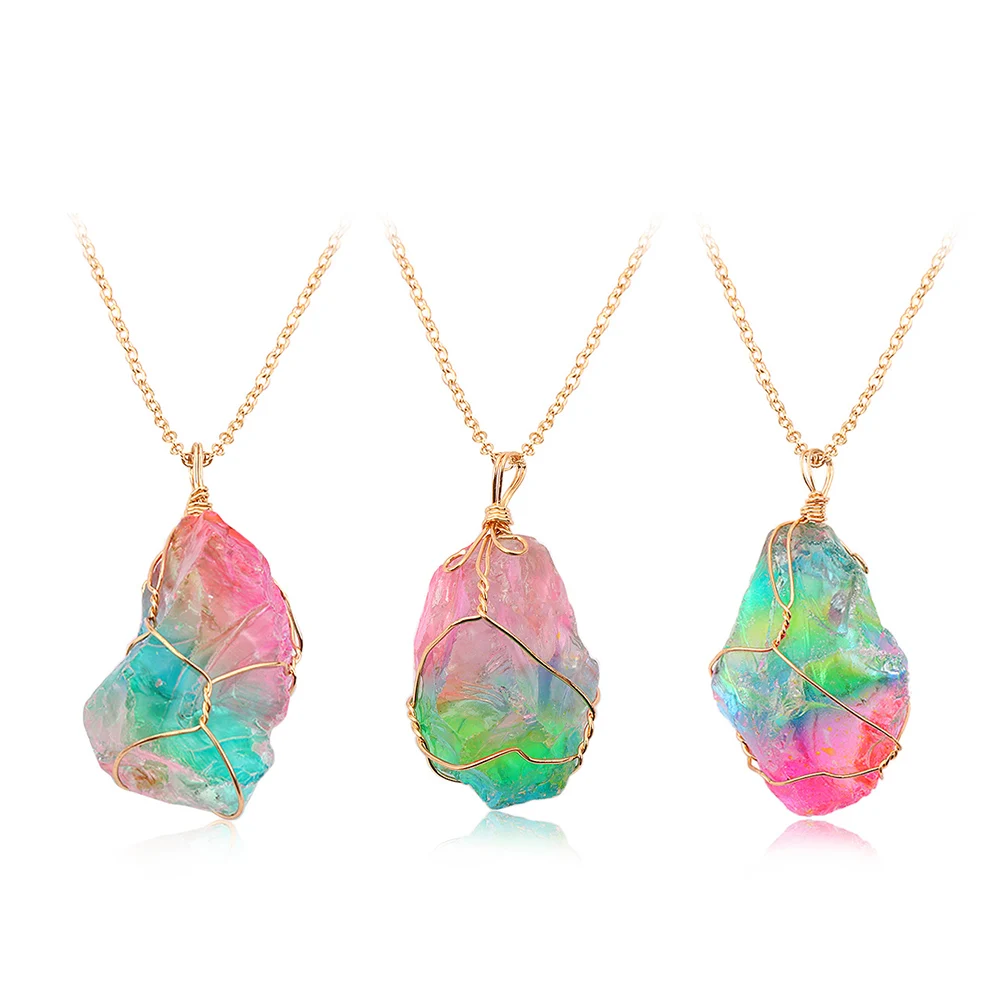 Rainbow Stone Pendant Necklace Fashion Crystal Chakra Rock Necklace Gold Color Chain Quartz Pendant Necklace For Women Gifts