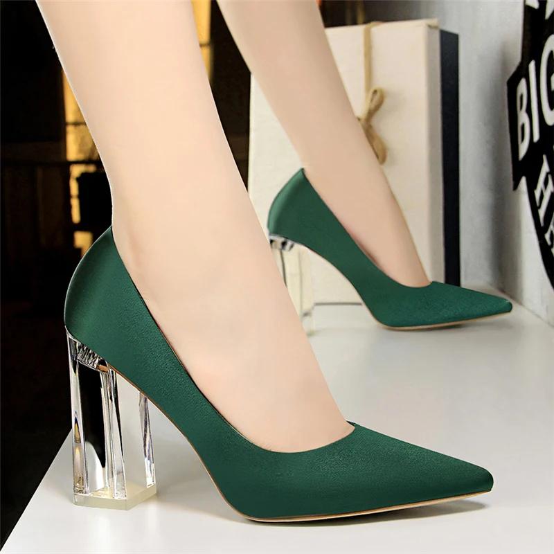 

2018 Plus Size 43 Women Block 10cm High Heels Lady Scarpins Green Satin Pumps Female Wedding Yellow Blue Silk Transparent Shoes