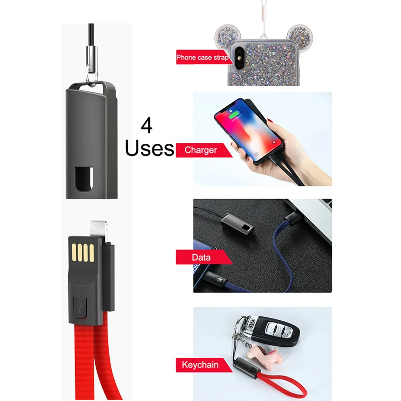 Keychain Usb Cable Band Lanyard Fast Charging For Iphone 8 Micro