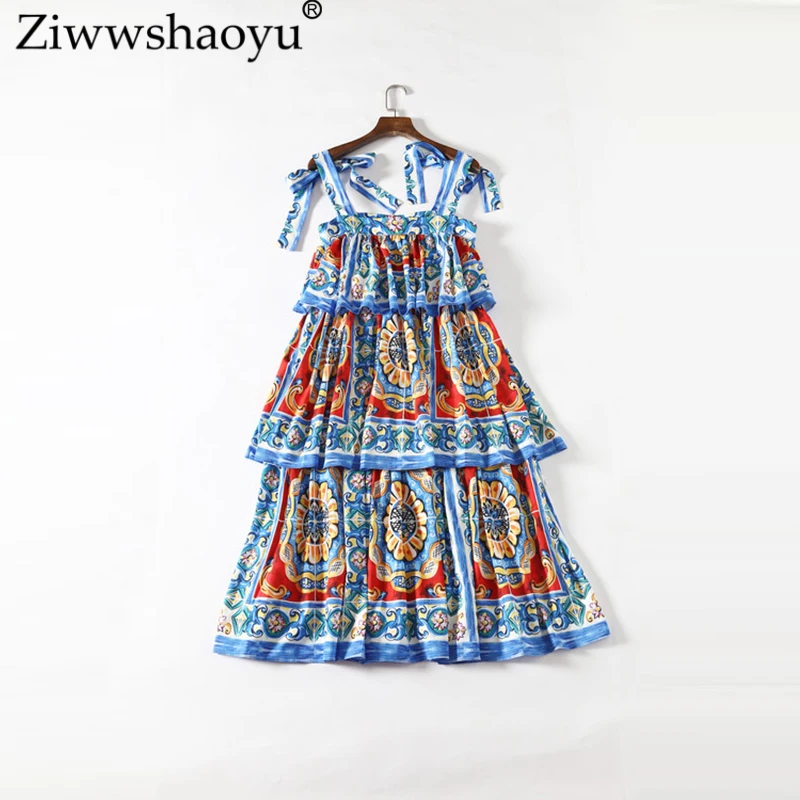 

Ziwwshaoyu 5XL Elegant Ruffles cupcake dress Spaghetti Strap Strapless Print Party dresses 2019 spring and summer new women