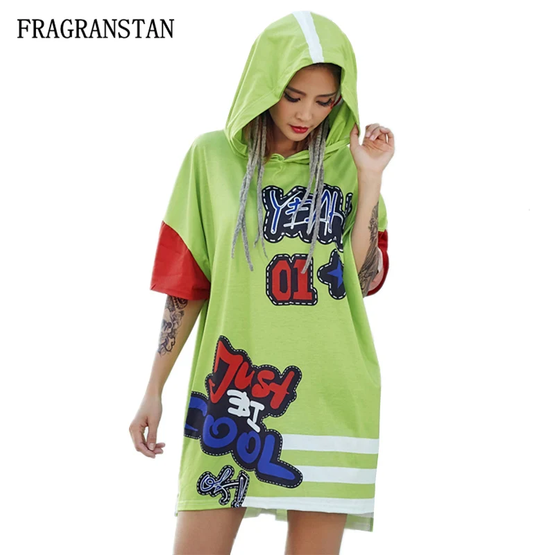 

Female 2018 Spring Summer New Hooded Green Short Sleeve Dresses Fashion Letter Printed Street Style Plus Size Women Dress JQ683