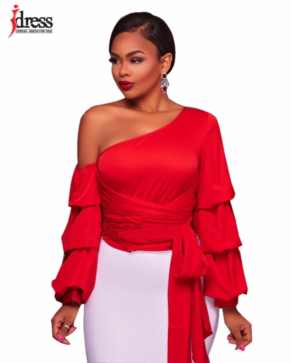 

IDress 2018 New Autumn Winter Women Sexy Tops Skew Sleeve Asymmetrical One Shoulder Multi-layer Ruffle Sleeve Club Party Tops