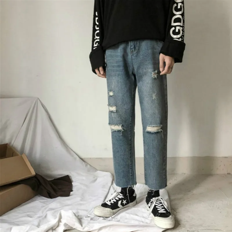 

2019 Spring Korean Style Men's New Holes Stretch Slim Fit Classic Skinny Wash Jeans Blue Casual Pants Biker Denim Trousers M-2XL