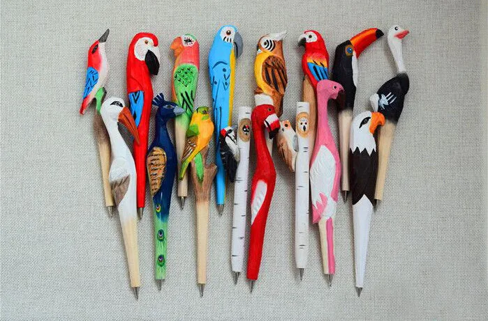 

50pcs/lot Handmade Ballpoint Pen Lovely Artificial Wood Carving Animal ball pen Creative Arts blue pens 2016 gift New many color